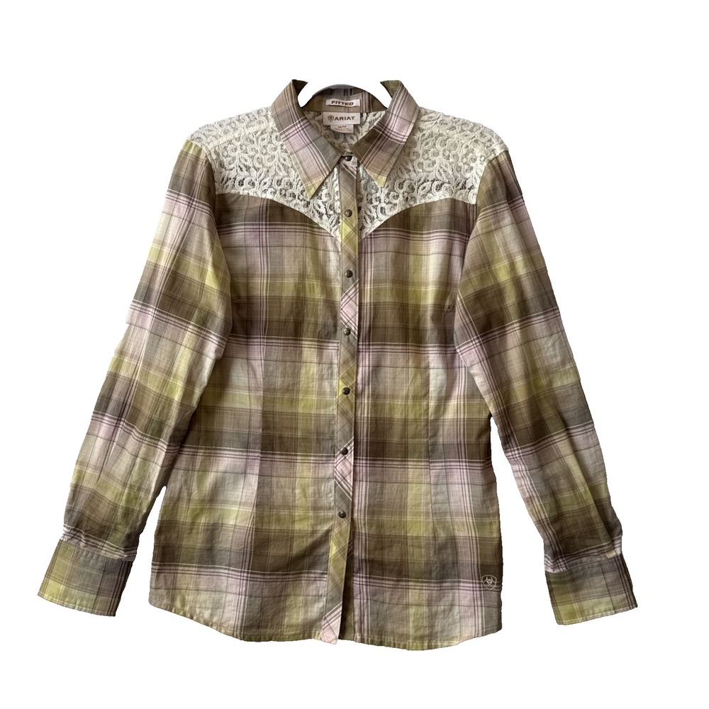 Ariat NWOT Plaid Crochet Lace Yoke Snap Fitted Lightweight Button Up M‎ Western